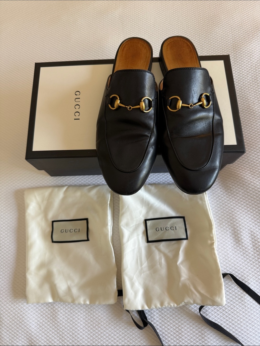Gucci Black Leather Horsebit Slip-On Loafer Mule with Gold Hardware
